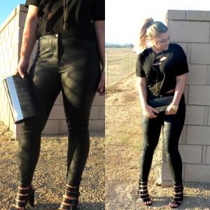 Perfect Concert look or Vegas look. Black Crop Top, Leather Pants, Satrapy Heals